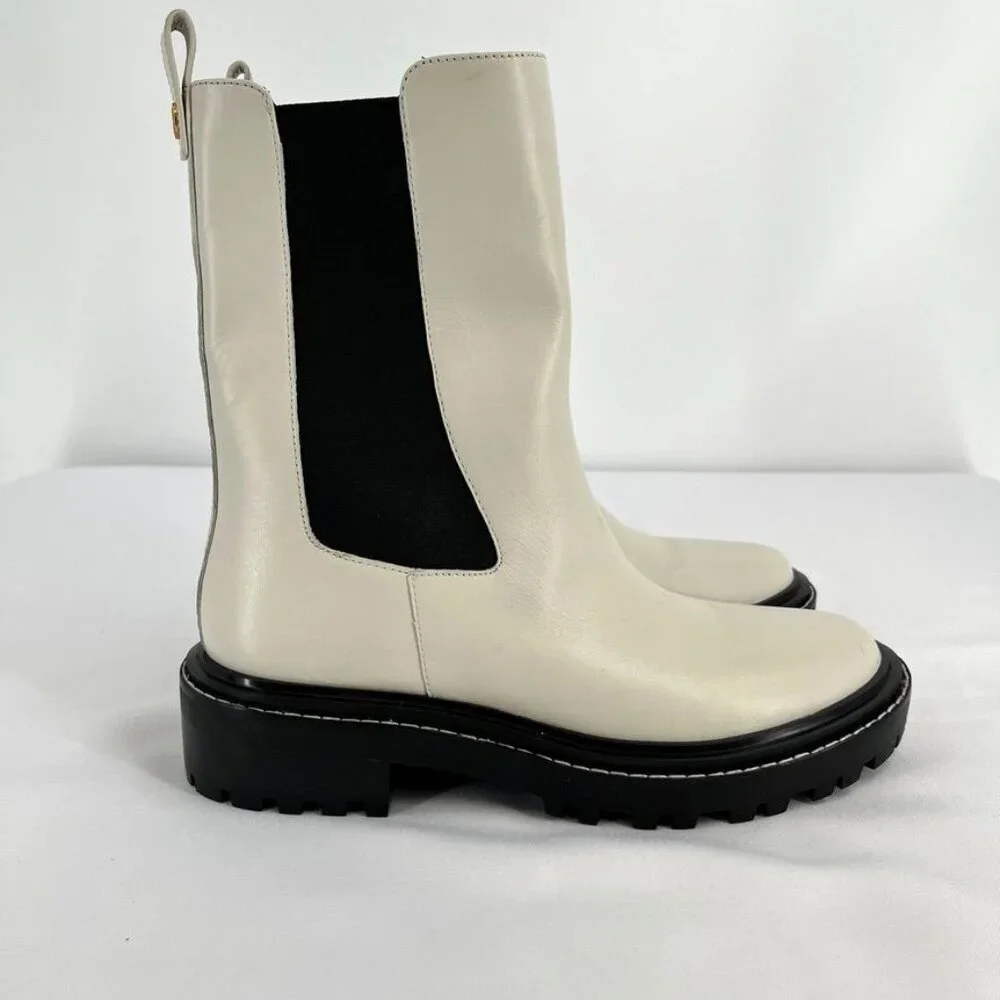 Tory Burch Women's Size 9 Benton Boot Vachetta Calf Heavy Boots In Ivory/Black - Picture 3 of 15